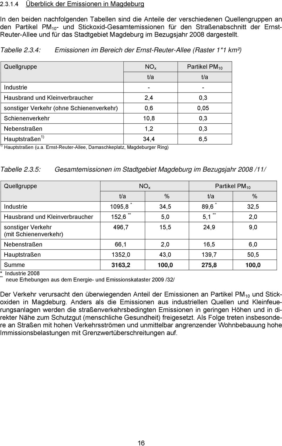 Straßenabschnitt der Ernst- Reuter-Allee und für das Stadtgebiet Magdeburg im Bezugsjahr 2008 dargestellt. Tabelle 2.3.