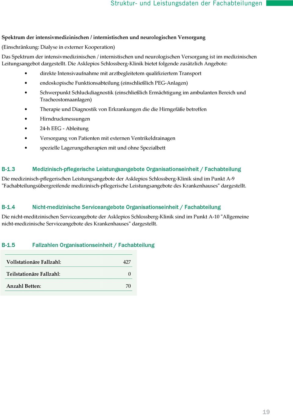 Die Asklepios Schlossberg-Klinik bietet folgende zusätzlich Angebote: direkte Intensivaufnahme mit arztbegleitetem qualifiziertem Transport endoskopische Funktionsabteilung (einschließlich