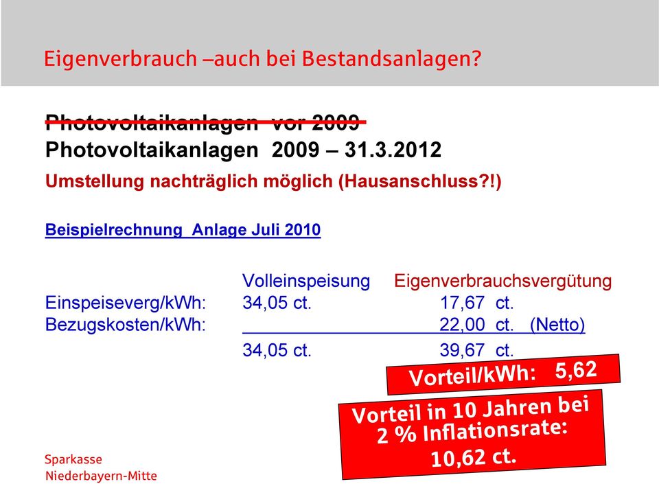 !) Beispielrechnung Anlage Juli 2010 Volleinspeisung Eigenverbrauchsvergütung Einspeiseverg/kWh: