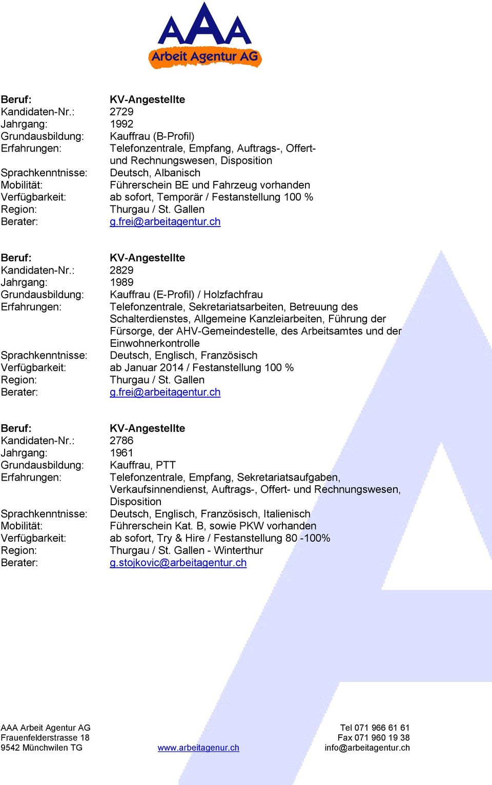 Verfügbarkeit: ab sofort, Temporär / Festanstellung 100 % Thurgau / St. Gallen g.frei@arbeitagentur.