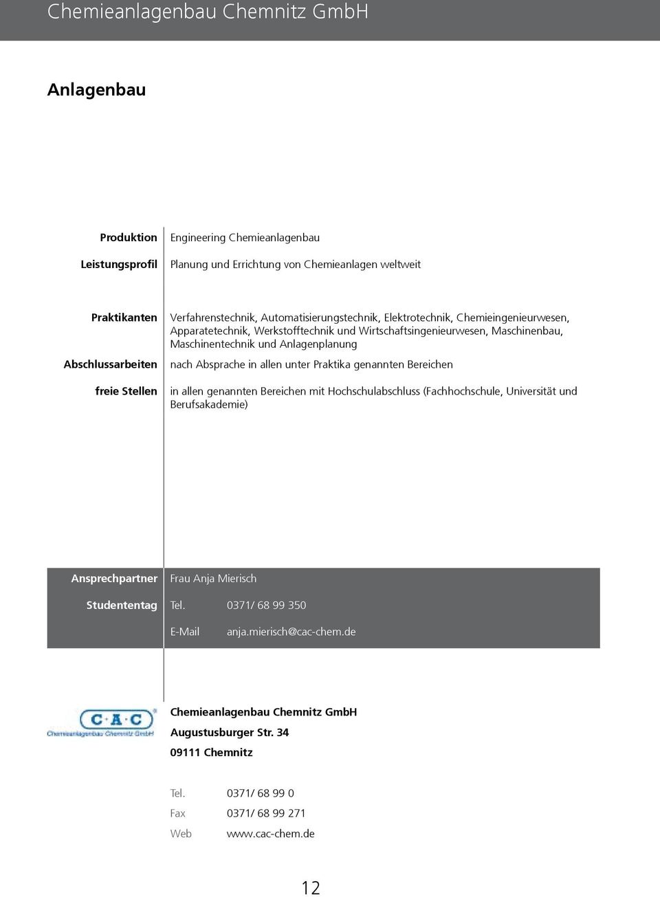 allen unter Praktika genannten Bereichen in allen genannten Bereichen mit Hochschulabschluss (Fachhochschule, Universität und Berufsakademie) Frau Anja Mierisch