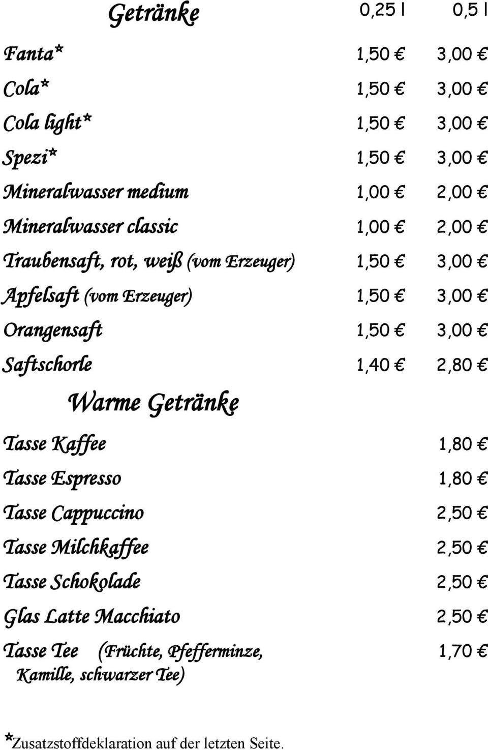 Orangensaft 1,50 3,00 Saftschorle 1,40 2,80 Warme Getränke Tasse Kaffee 1,80 Tasse Espresso 1,80 Tasse Cappuccino 2,50