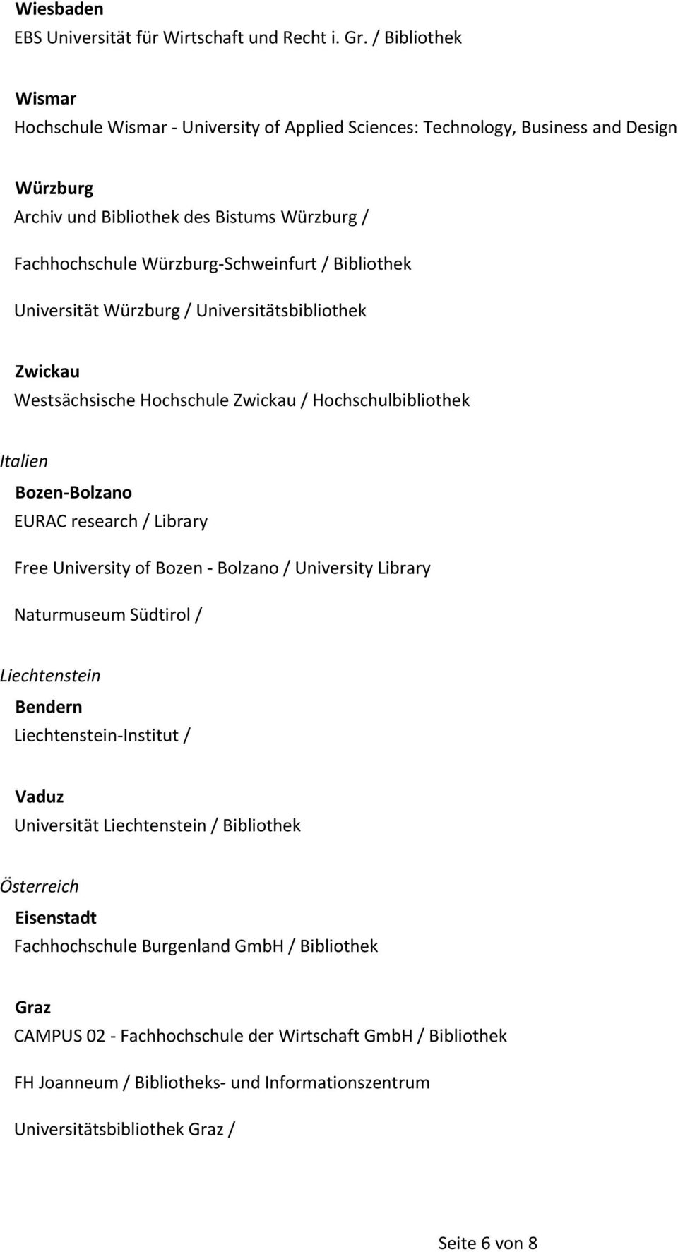 Bibliothek Universität Würzburg / Universitätsbibliothek Zwickau Westsächsische Hochschule Zwickau / Hochschulbibliothek Italien Bozen-Bolzano EURAC research / Library Free University of Bozen -