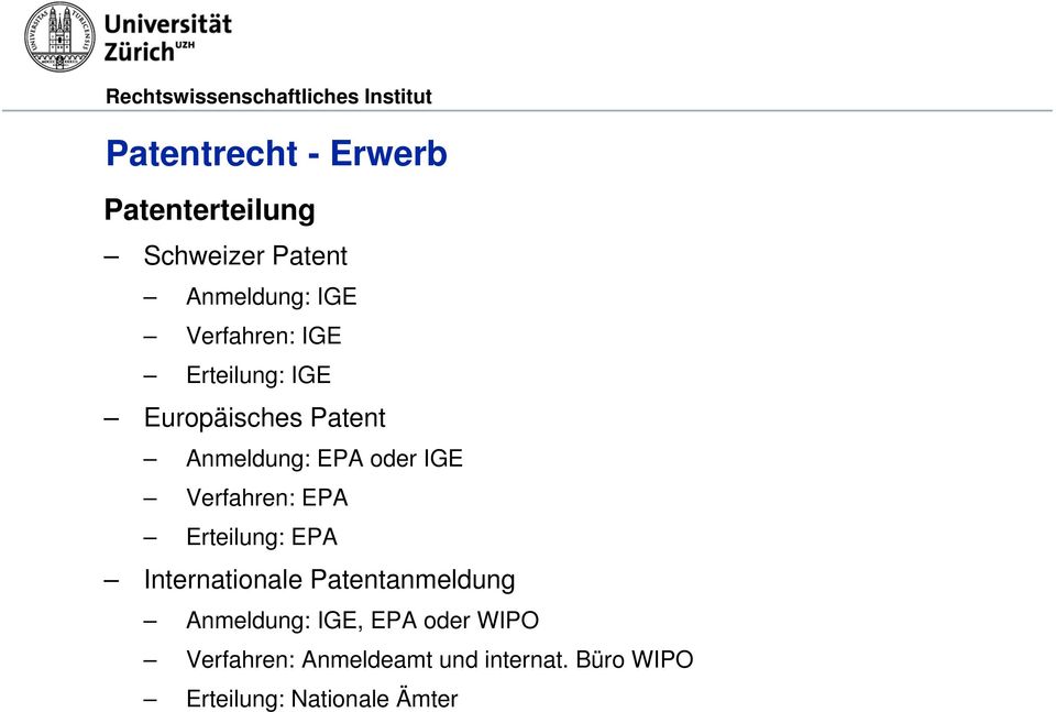 EPA Erteilung: EPA Internationale Patentanmeldung Anmeldung: IGE, EPA