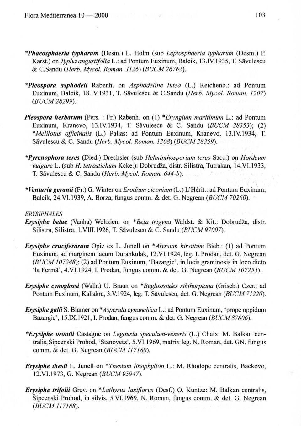 Pleospora herbarum (Pers. : Fr.) Rabenh. on (l) * Eryngium maritimum L.: ad Pontum Euxinum, Kranevo, 13.1Y.1934, T. Sàvulescu & C. Sandu (BUCM 28353); (2) * Melilotus officinalis (L.
