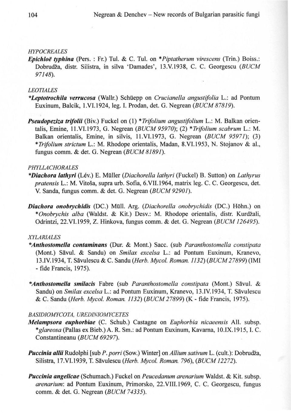 Prodan, det. G. Negrean (B UCM 878 19). Pseudopeziza trifolii (Biv.) Fuckel on (1) *Trifolium angustifolium L.: M. Balkan orientalis, Emine, l l. V 1.1 973, G.