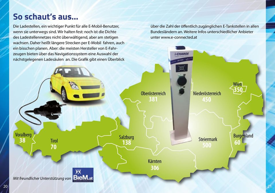 Aber: die meisten Hersteller von E-Fahrzeugen bieten über das Navigationssystem eine Auswahl der nächstgelegenen Ladesäulen an.