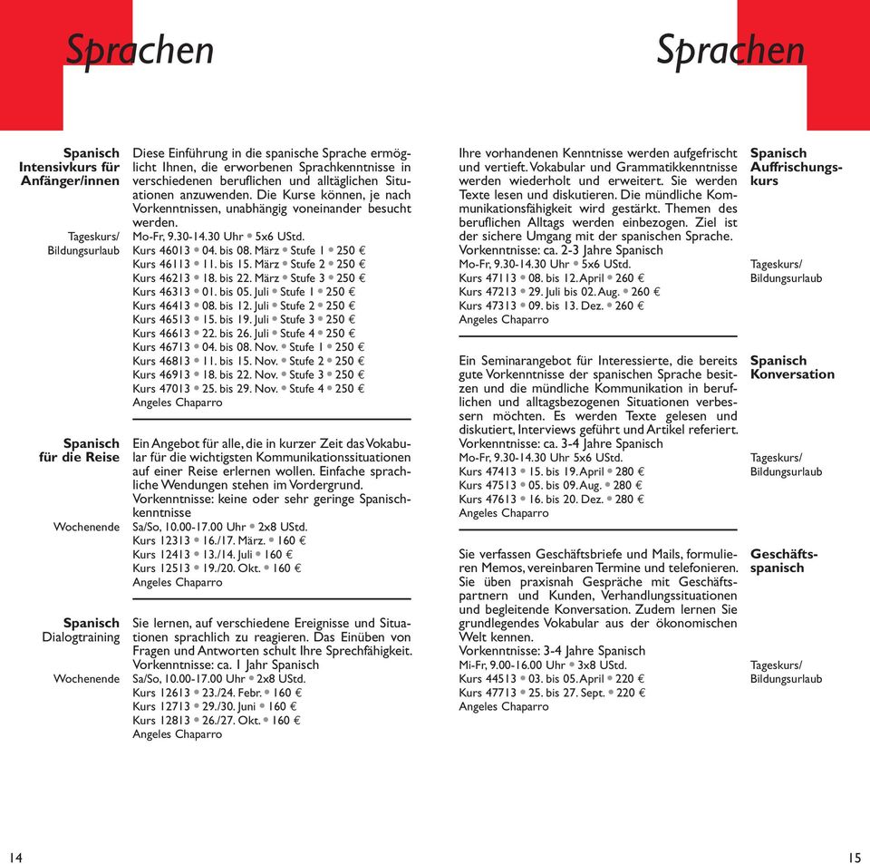 März * Stufe 1 * 250 Kurs 46113 * 11. bis 15. März * Stufe 2 * 250 Kurs 46213 * 18. bis 22. März * Stufe 3 * 250 Kurs 46313 * 01. bis 05. Juli * Stufe 1 * 250 Kurs 46413 * 08. bis 12.