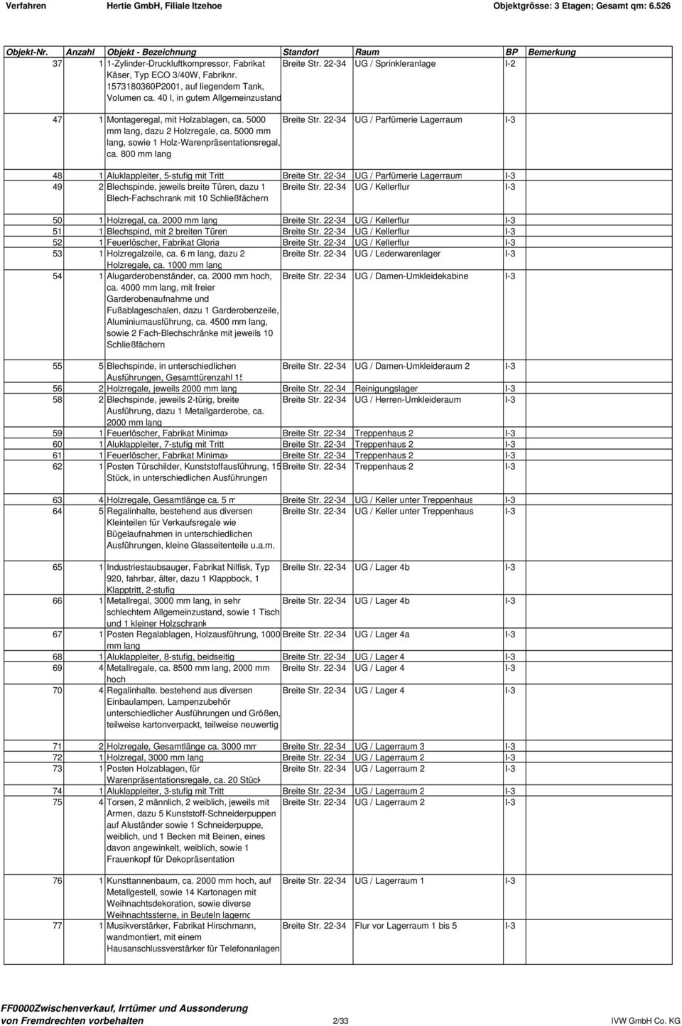 22-34 UG / Parfümerie Lagerraum I-3 lang, sowie 1 Holz-Warenpräsentationsregal, ca. 800 mm lang 48 1 Aluklappleiter, 5-stufig mit Tritt Breite Str.