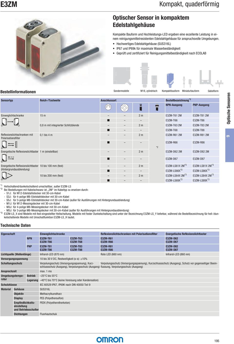 Hochwertiges Edelstahlgehäuse (SUS316L) IP67 und IP69k für maximale Wasserbeständigkeit Geprüft und zertifiziert für Reinigungsmittelbeständigkeit nach ECOLAB Sondermodelle M18, zylindrisch