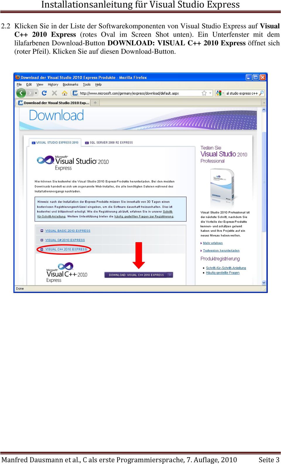 Ein Unterfenster mit dem lilafarbenen Download-Button DOWNLOAD: VISUAL C++ 2010 Express öffnet