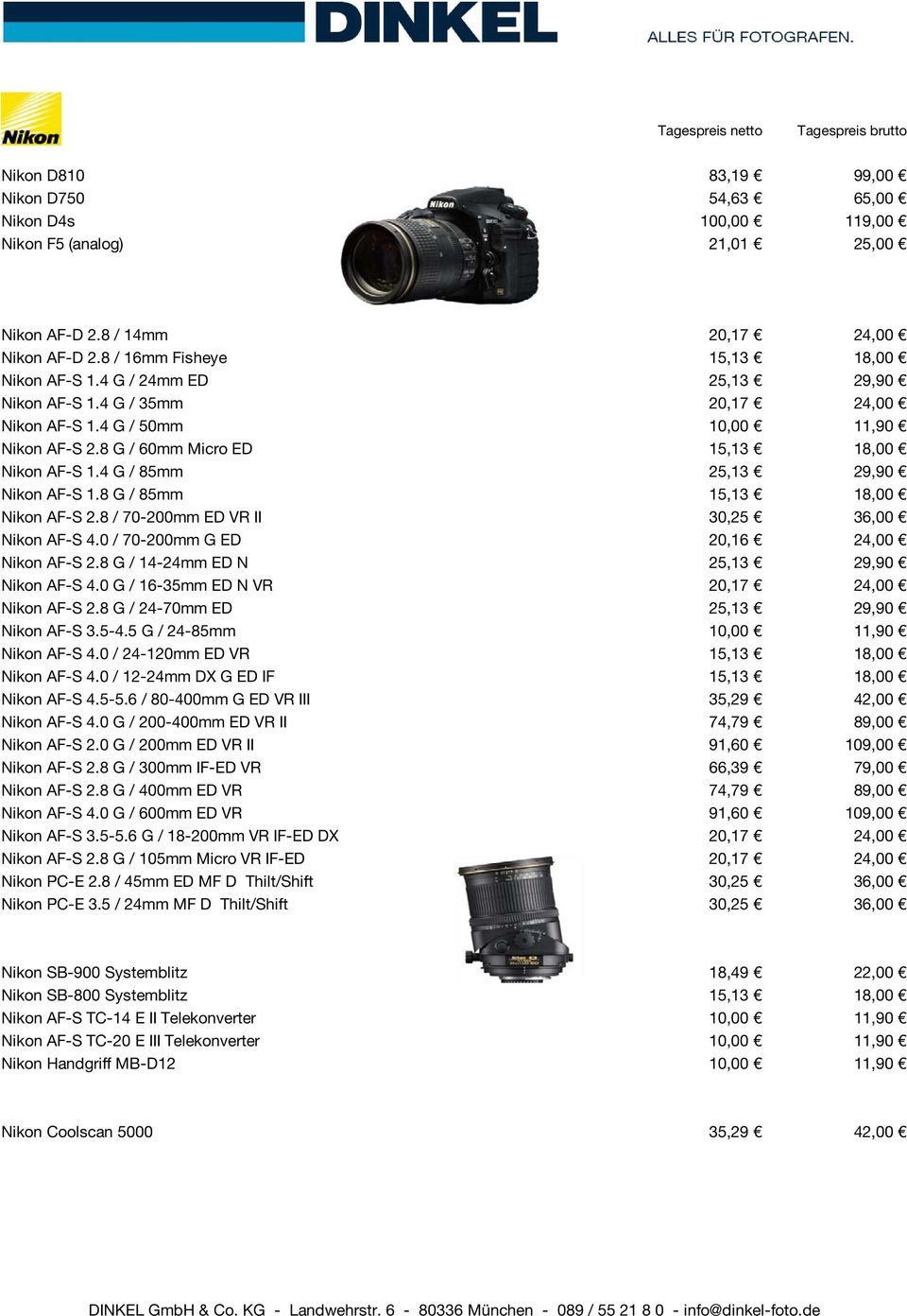 8 G / 85mm 15,13 18,00 Nikon AF-S 2.8 / 70-200mm ED VR II 30,25 36,00 Nikon AF-S 4.0 / 70-200mm G ED 20,16 24,00 Nikon AF-S 2.8 G / 14-24mm ED N 25,13 29,90 Nikon AF-S 4.