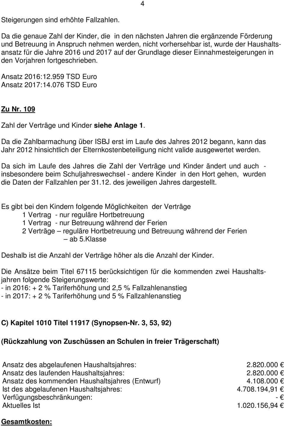 2017 auf der Grundlage dieser Einnahmesteigerungen in den Vorjahren fortgeschrieben. Ansatz 2016: 12.959 TSD Euro Ansatz 2017: 14.076 TSD Euro Zu Nr. 109 Zahl der Verträge und Kinder siehe Anlage 1.