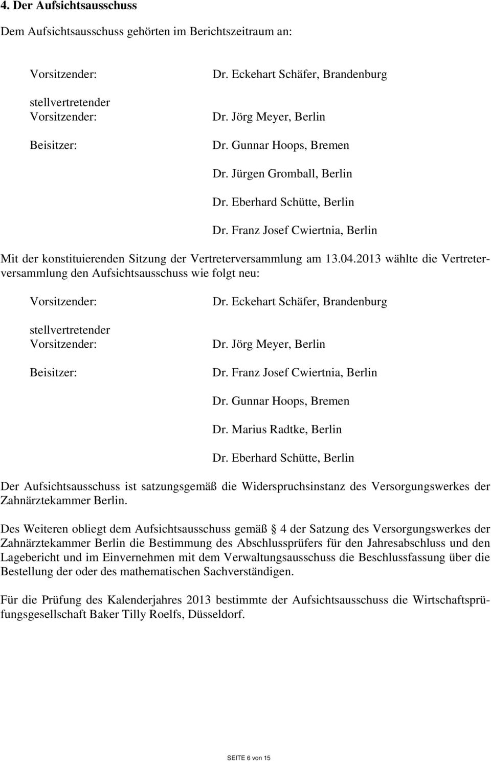 2013 wählte die Vertreterversammlung den Aufsichtsausschuss wie folgt neu: Vorsitzender: stellvertretender Vorsitzender: Beisitzer: Dr. Eckehart Schäfer, Brandenburg Dr. Jörg Meyer, Berlin Dr.