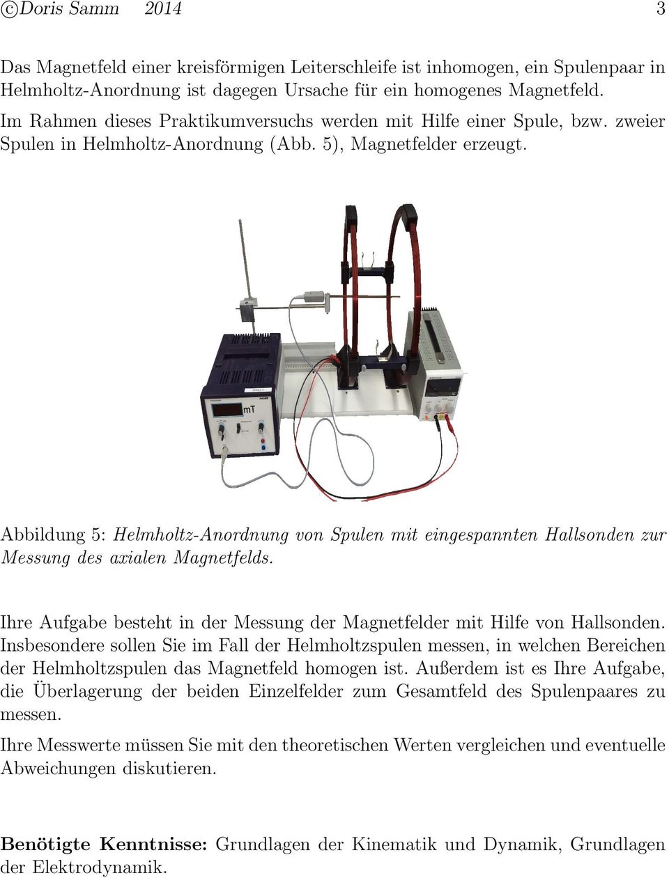 Abbildung 5: Helmholtz-Anordnung von Spulen mit eingespannten Hallsonden zur Messung des axialen Magnetfelds. Ihre Aufgabe besteht in der Messung der Magnetfelder mit Hilfe von Hallsonden.