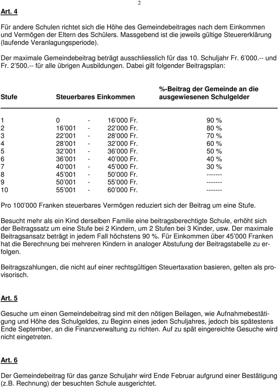 -- für alle übrigen Ausbildungen. Dabei gilt folgender Beitragsplan: %-Beitrag der Gemeinde an die Stufe Steuerbares Einkommen ausgewiesenen Schulgelder 1 0-16 000 Fr. 90 % 2 16 001-22 000 Fr.