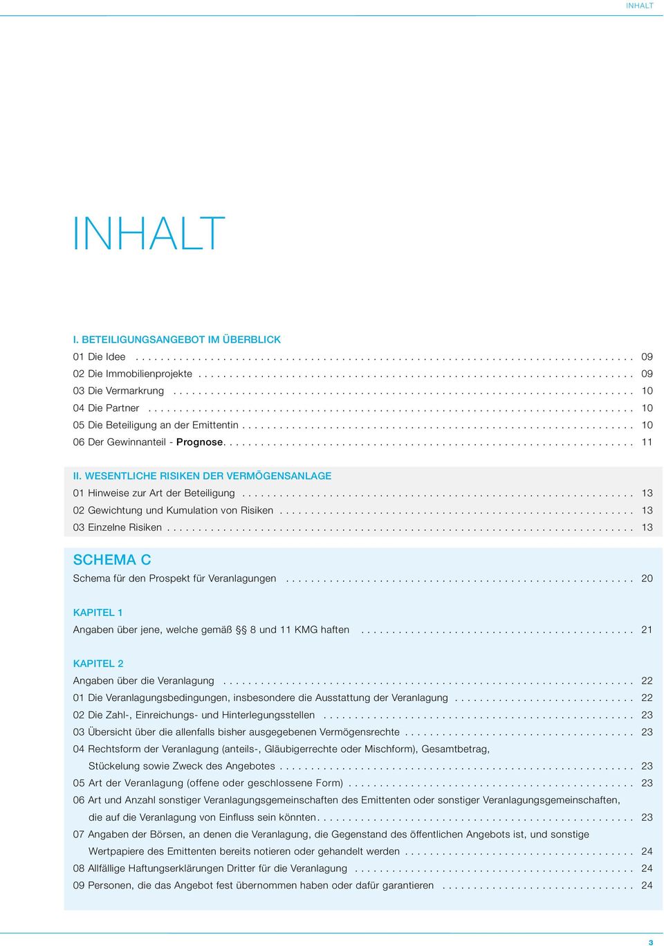 .. 13 Schema C Schema für den Prospekt für Veranlagungen... 20 kapitel 1 Angaben über jene, welche gemäß 8 und 11 KMG haften... 21 Kapitel 2 Angaben über die Veranlagung.