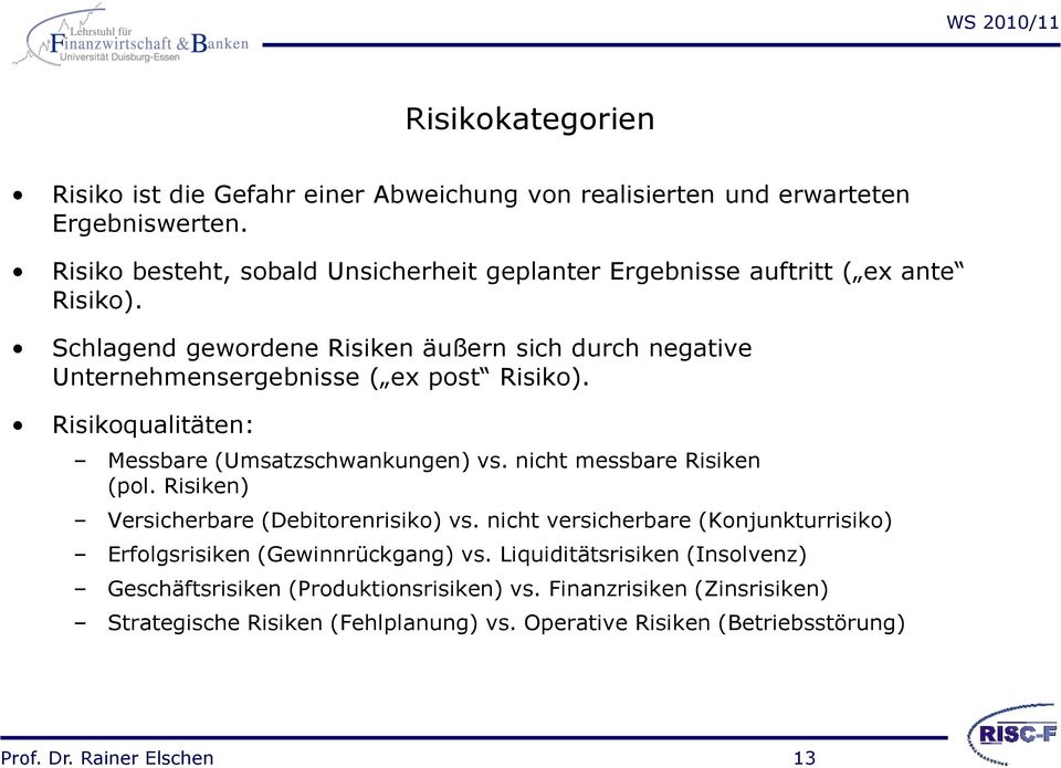 Schlagend gewordene Risiken äußern sich durch negative Unternehmensergebnisse ( ex post Risiko). Risikoqualitäten: Messbare (Umsatzschwankungen) vs.
