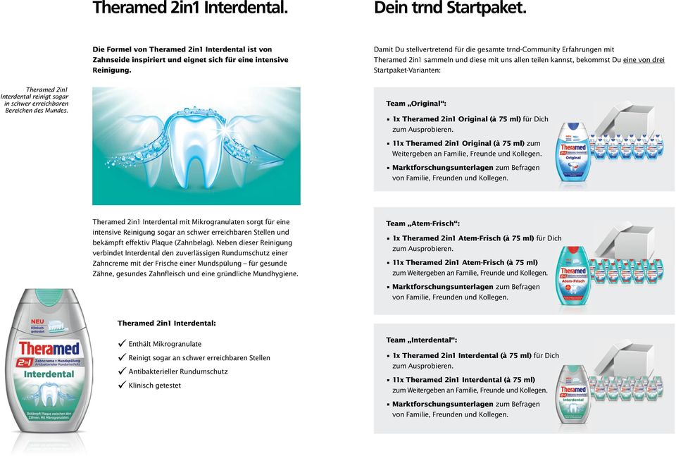 Interdental reinigt sogar in schwer erreichbaren Bereichen des Mundes. Team Original : 1x Theramed 2in1 Original (à 75 ml) für Dich zum Ausprobieren.