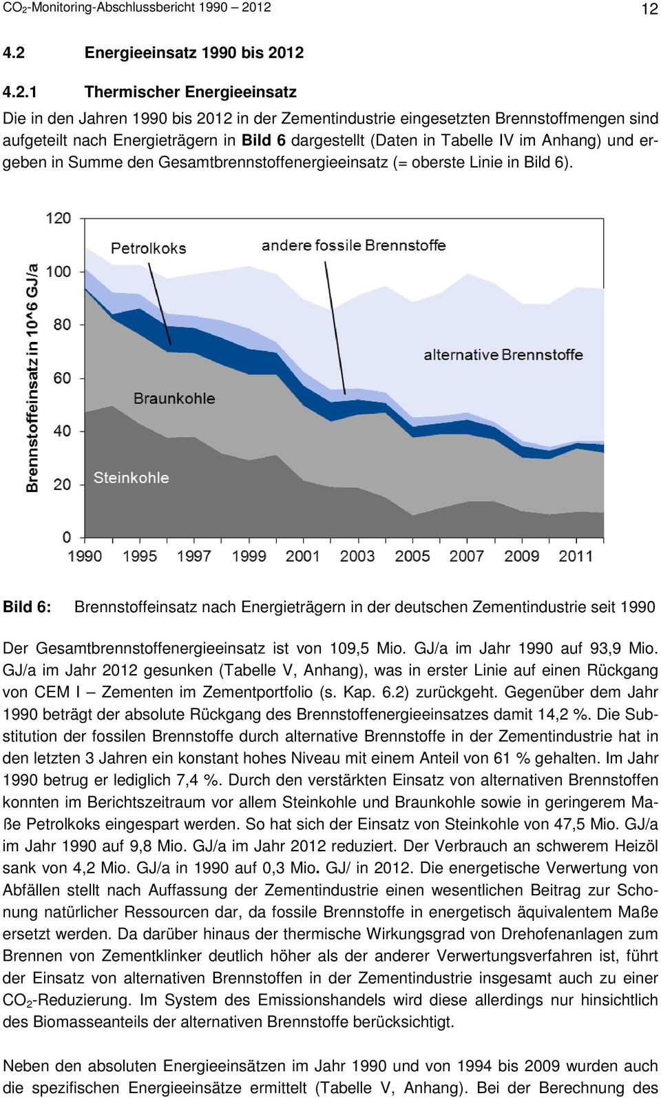 Bild 6: Brennstoffeinsatz nach Energieträgern in der deutschen Zementindustrie seit 1990 Der Gesamtbrennstoffenergieeinsatz ist von 109,5 Mio. GJ/a im Jahr 1990 auf 93,9 Mio.