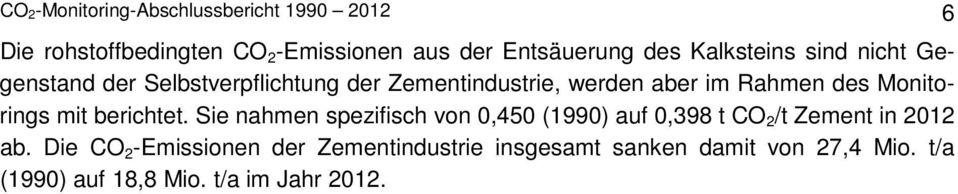 Monitorings mit berichtet. Sie nahmen spezifisch von 0,450 (1990) auf 0,398 t CO 2 /t Zement in 2012 ab.
