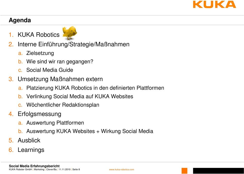 Verlinkung Social Media auf KUKA Websites c. Wöchentlicher Redaktionsplan 4. Erfolgsmessung a.