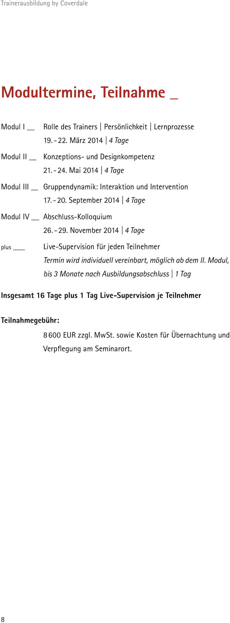 September 2014 4 Tage Modul IV Abschluss-Kolloquium 26. - 29.