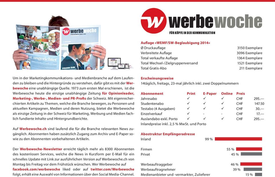 Werbewoche eine unabhängige Quelle. 1973 zum ersten Mal erschienen, ist die Werbewoche heute die einzige unabhängige Zeitung für Opinionleader, Marketing-, Werbe-, Medien- und PR-Profis der Schweiz.