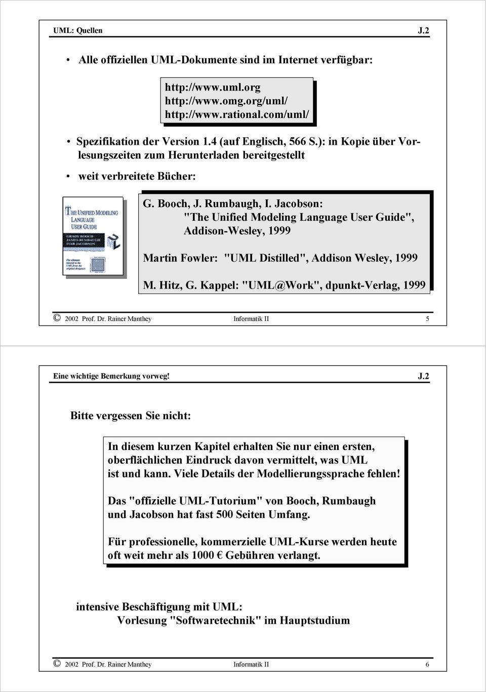 Jacobson: "The Unified Modeling Language User Guide", Addison-Wesley, 1999 Martin Fowler: "UML Distilled", Addison Wesley, 1999 M. Hitz, G. Kappel: "UML@Work", dpunkt-verlag, 1999 2002 Prof. Dr.