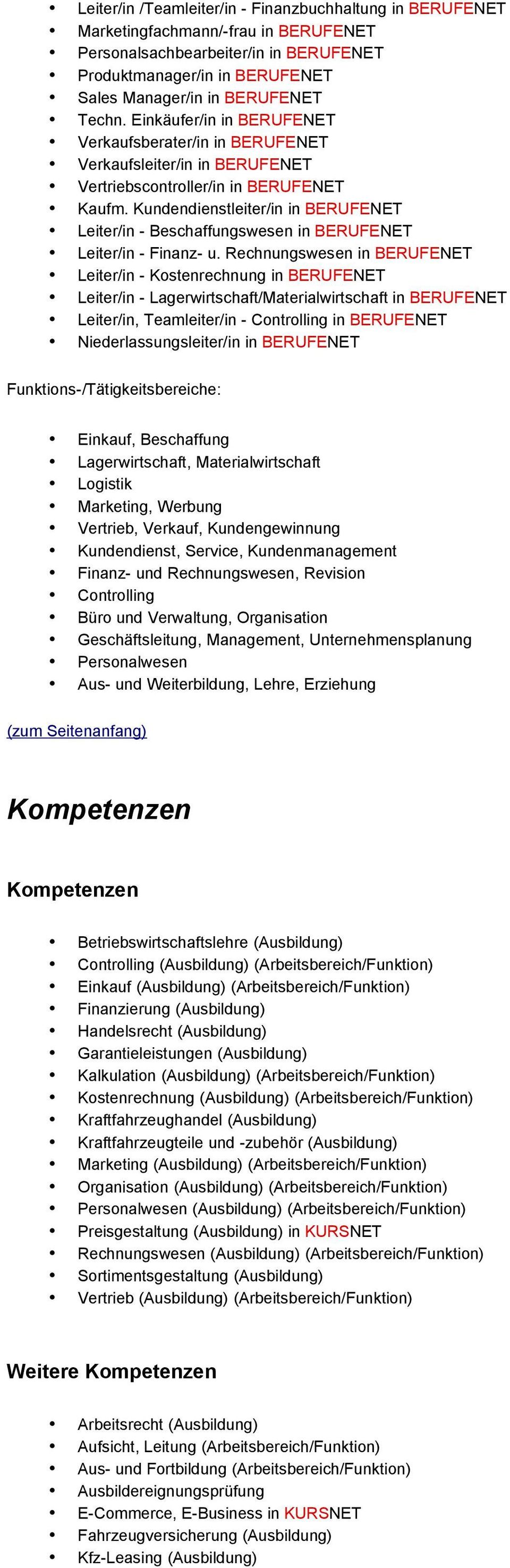 Kundendienstleiter/in in BERUFENET Leiter/in - Beschaffungswesen in BERUFENET Leiter/in - Finanz- u.