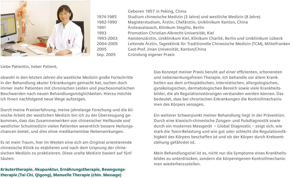 Leitende Ärztin, Tagesklinik für Traditionelle Chinesische Medizin (TCM), Mittelfranken 2005 Gast-Prof. Jinan Universität, Kanton/China Sep.