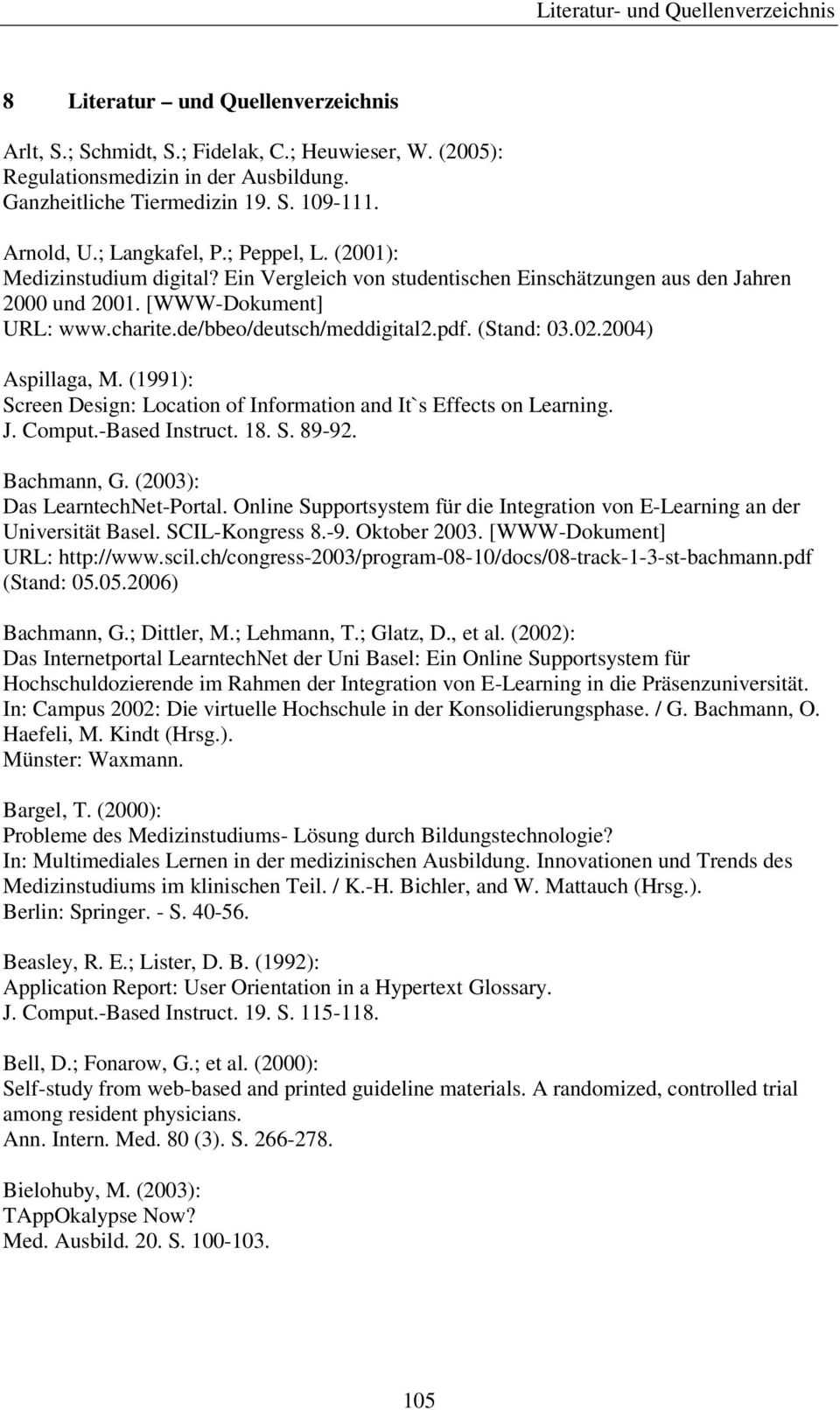 02.2004) Aspillaga, M. (1991): Screen Design: Location of Information and It`s Effects on Learning. J. Comput.-Based Instruct. 18. S. 89-92. Bachmann, G. (2003): Das LearntechNet-Portal.