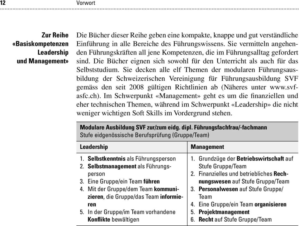 Sie decken alle elf Themen der modularen Führungsausbildung der Schweizerischen Vereinigung für Führungsausbildung SVF gemäss den seit 2008 gültigen Richtlinien ab (Näheres unter www.svfasfc.ch).
