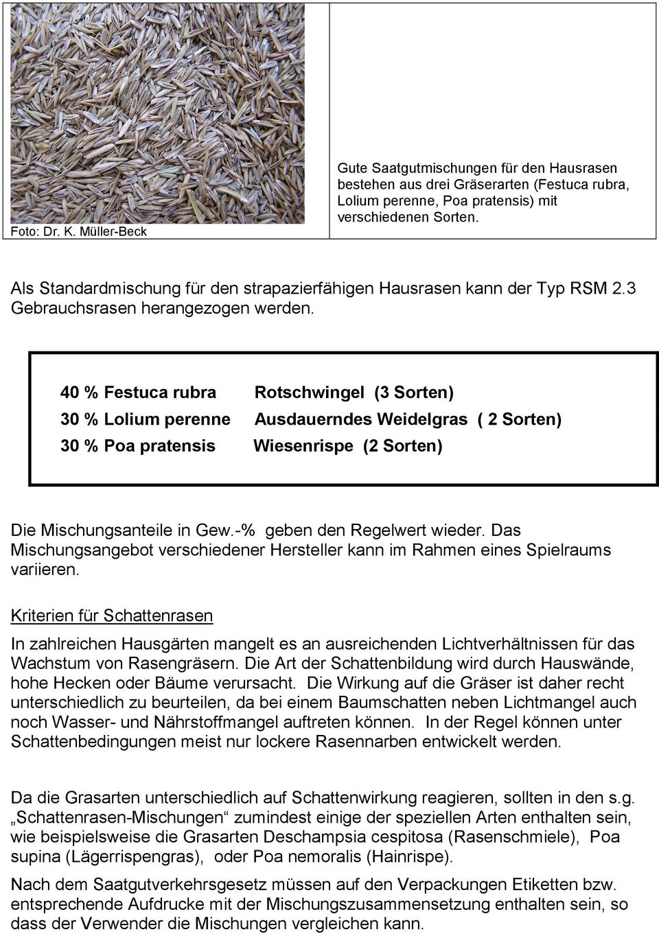 40 % Festuca rubra Rotschwingel (3 Sorten) 30 % Lolium perenne Ausdauerndes Weidelgras ( 2 Sorten) 30 % Poa pratensis Wiesenrispe (2 Sorten) Die Mischungsanteile in Gew.-% geben den Regelwert wieder.