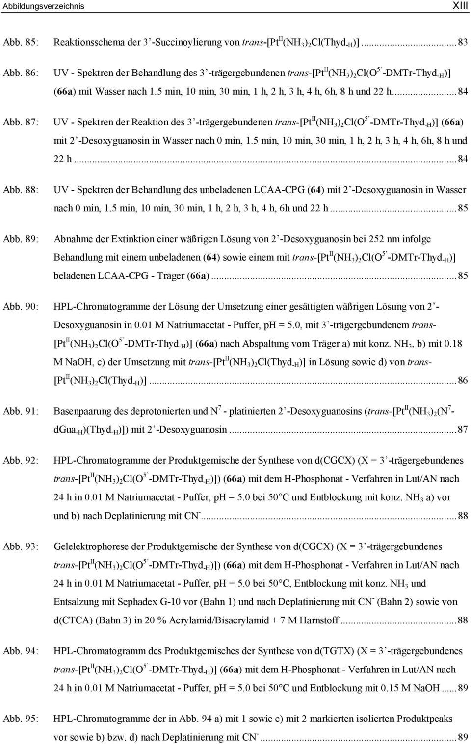 87: UV - Spektren der Reaktion des 3 -trägergebundenen trans-[pt II (H 3 ) 2 Cl( 5 -DMTr-Thyd -H )] (66a) mit 2 -Desoxyguanosin in Wasser nach 0 min, 1.