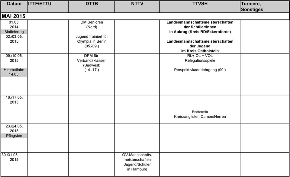 05. DPM für RL+ OL + VOL Verbandsklassen Relegationsspiele (Südwest) Himmelfahrt (14.-17.) Perspektivkaderlehrgang (09.) 14.05. 16.