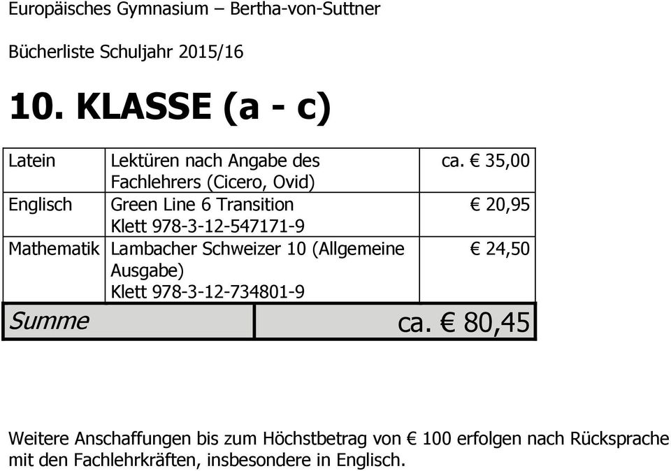 Mathematik Lambacher Schweizer 10 (Allgemeine Klett 978-3-12-734801-9