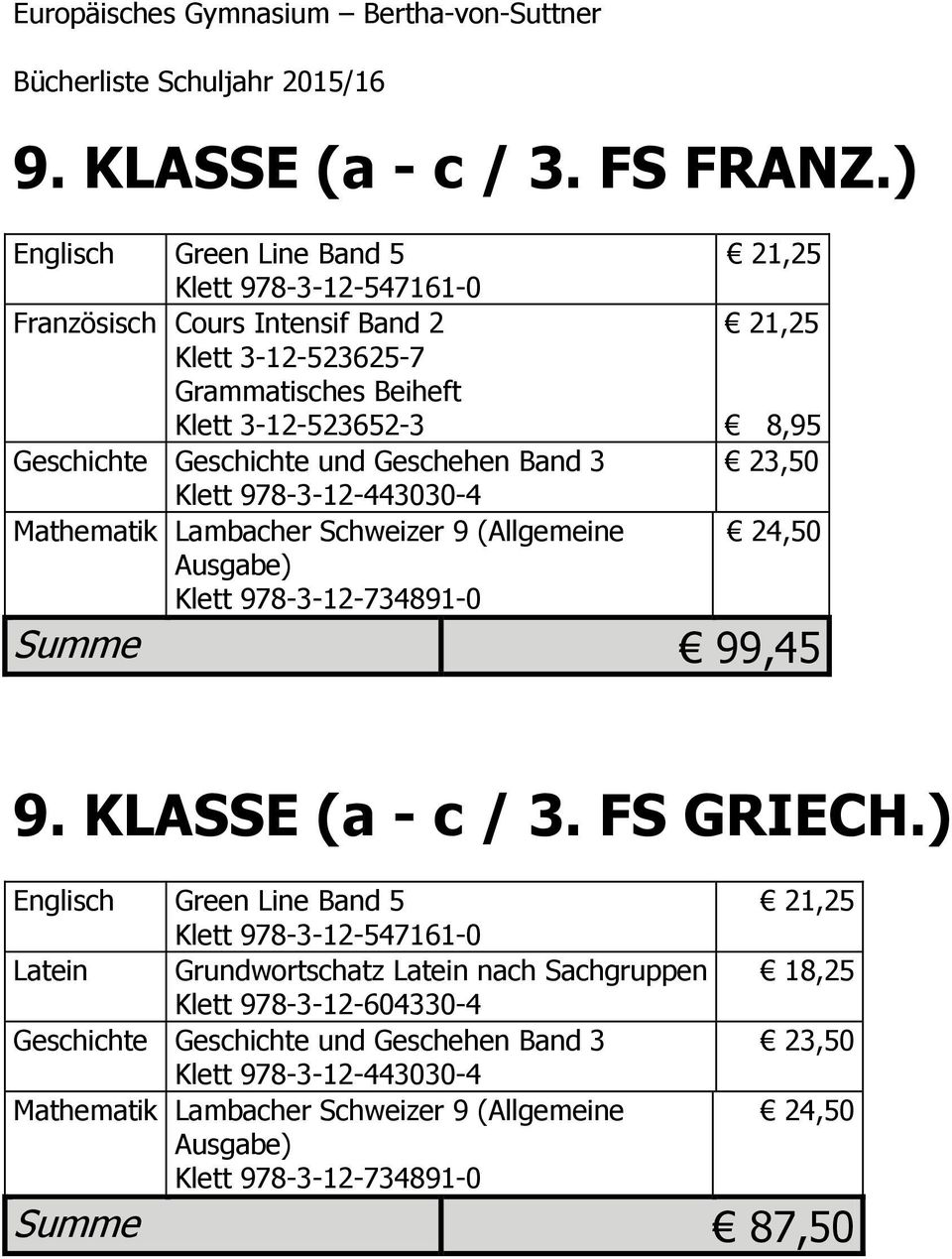 Geschichte und Geschehen Band 3 Klett 978-3-12-443030-4 Mathematik Lambacher Schweizer 9 (Allgemeine Klett 978-3-12-734891-0 8,95 23,50 Summe 99,45 9.