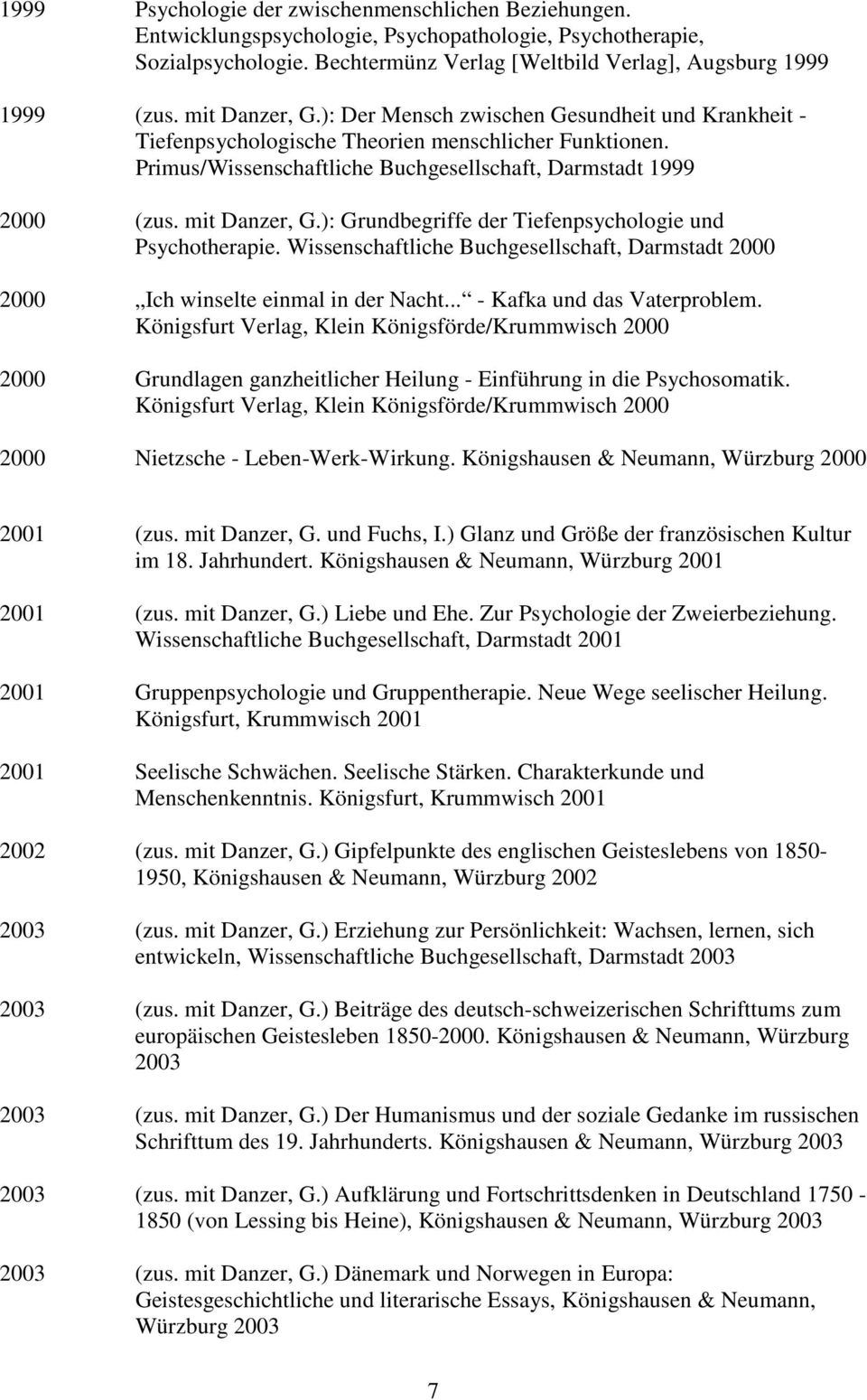 mit Danzer, G.): Grundbegriffe der Tiefenpsychologie und Psychotherapie. Wissenschaftliche Buchgesellschaft, Darmstadt 2000 2000 Ich winselte einmal in der Nacht... - Kafka und das Vaterproblem.