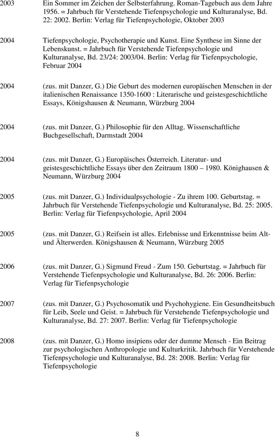 = Jahrbuch für Verstehende Tiefenpsychologie und Kulturanalyse, Bd. 23/24: 2003/04. Berlin: Verlag für Tiefenpsychologie, Februar 2004 2004 (zus. mit Danzer, G.