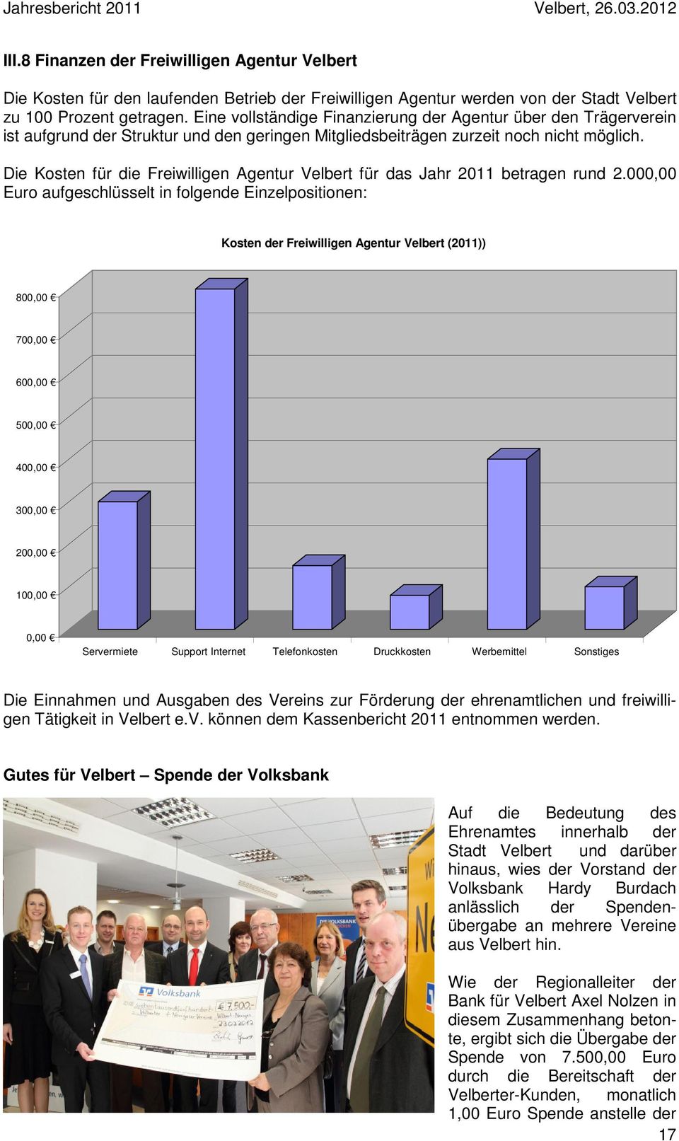 Die Kosten für die Freiwilligen Agentur Velbert für das Jahr 2011 betragen rund 2.