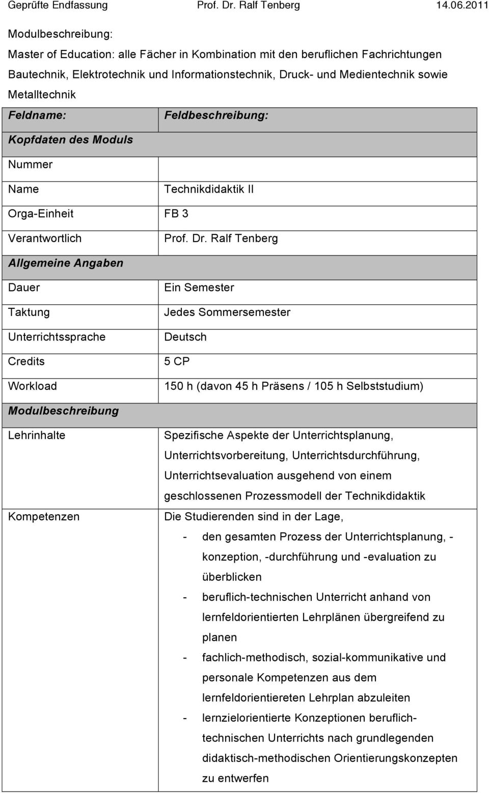 Metalltechnik Kopfdaten des Moduls Name Technikdidaktik II Orga-Einheit FB 3 Prof. Dr.