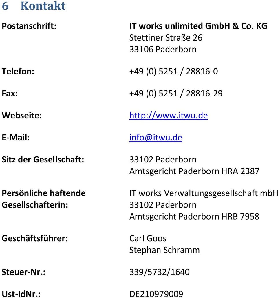 der Gesellschaft: Persönliche haftende Gesellschafterin: Geschäftsführer: http://www.itwu.de info@itwu.