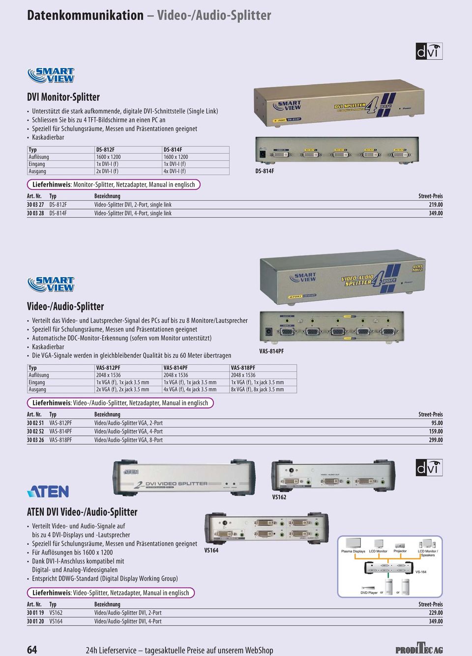 Lieferhinweis: Monitor-Splitter, Netzadapter, Manual in englisch 30 03 27 DS-812F Video-Splitter DVI, 2-Port, single link 219.00 30 03 28 DS-814F Video-Splitter DVI, 4-Port, single link 349.