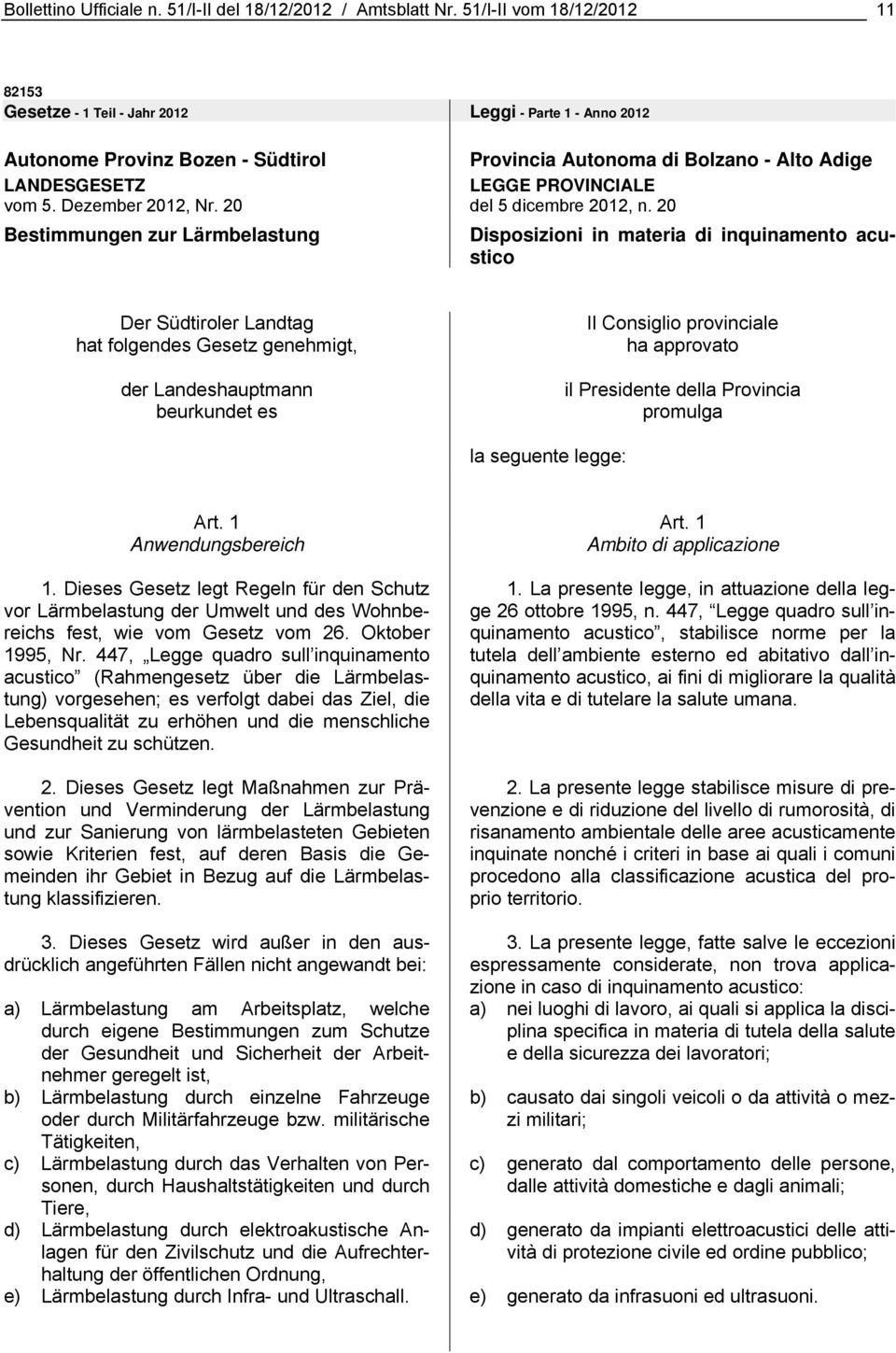 20 Bestimmungen zur Lärmbelastung Provincia Autonoma di Bolzano - Alto Adige LEGGE PROVINCIALE del 5 dicembre 2012, n.