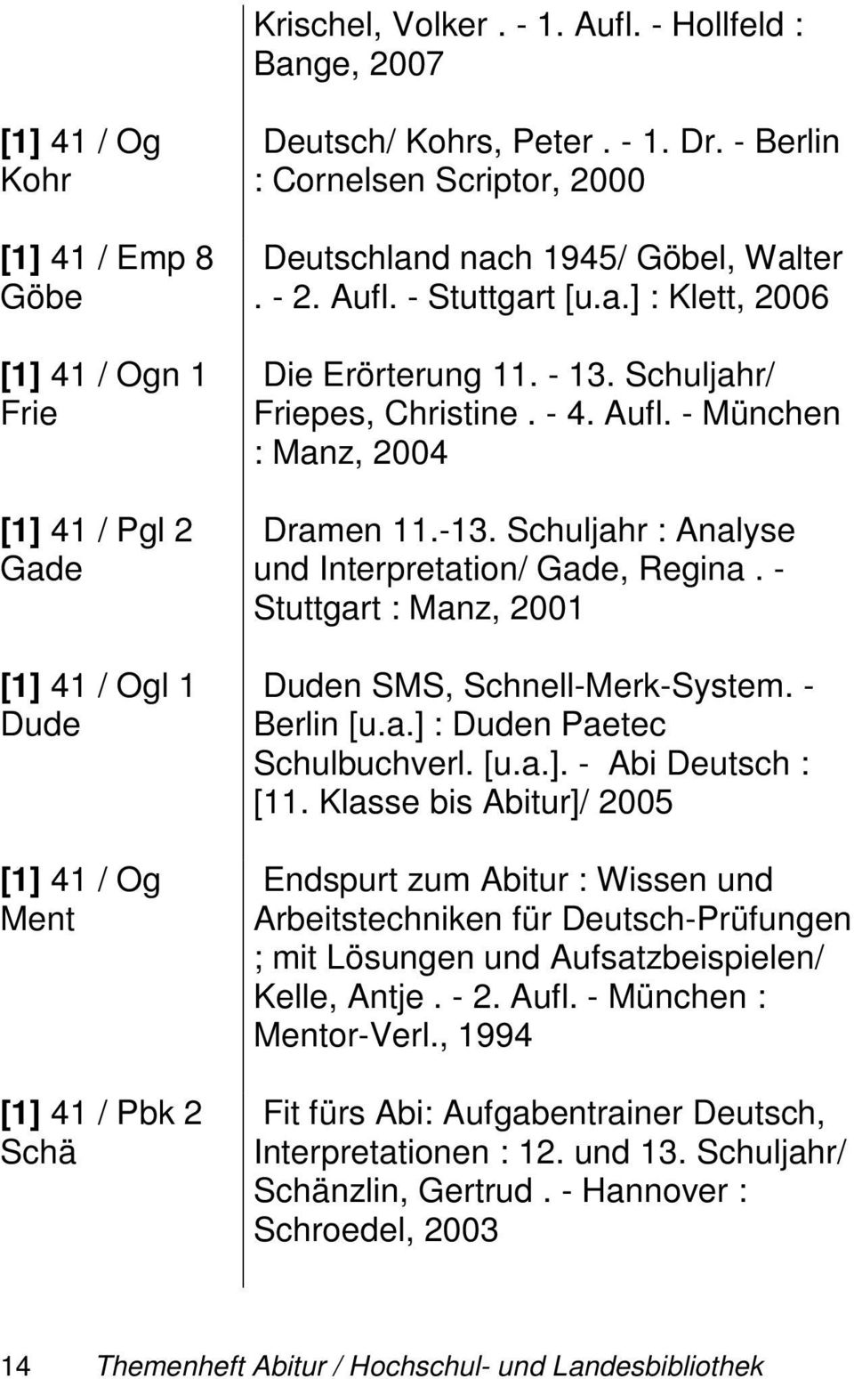 - Berlin : Cornelsen Scriptor, 2000 Deutschland nach 1945/ Göbel, Walter. - 2. Aufl. - Stuttgart [u.a.] : Klett, 2006 Die Erörterung 11. - 13. Schuljahr/ Friepes, Christine. - 4. Aufl. - München : Manz, 2004 Dramen 11.