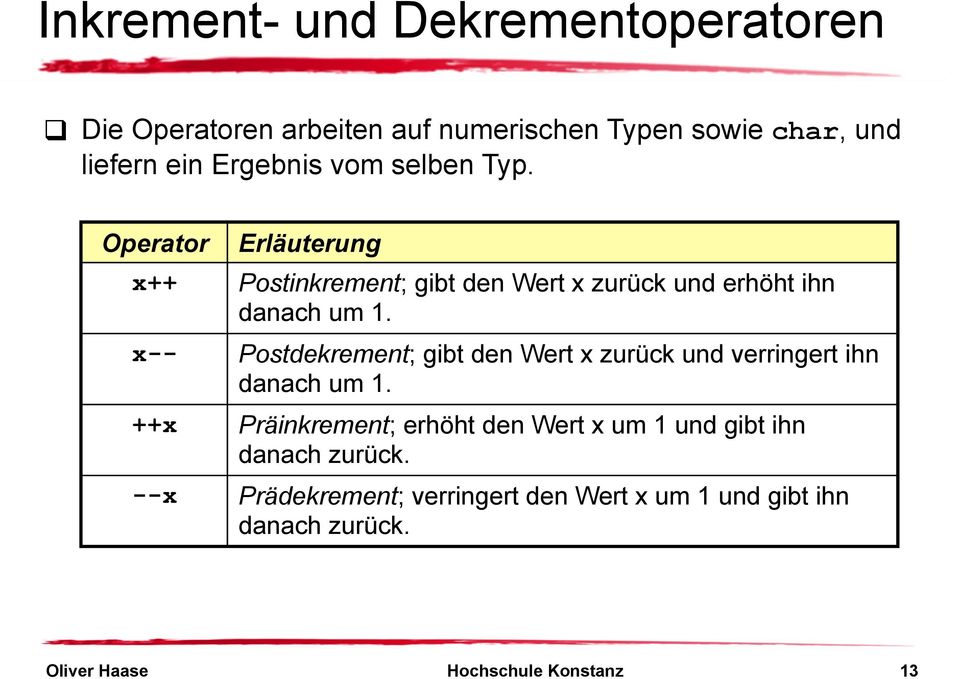 Postdekrement; gibt den Wert x zurück und verringert ihn danach um 1.