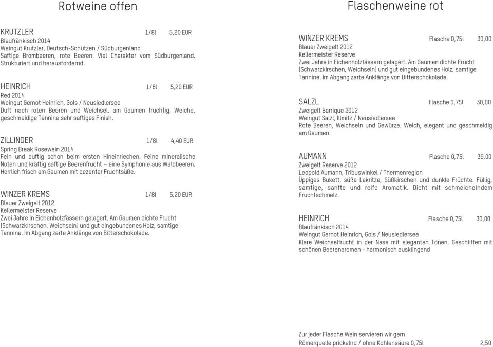 Weiche, geschmeidige Tannine sehr saftiges Finish. ZILLINGER 1/8l 4,40 EUR Spring Break Rosewein 2014 Fein und duftig schon beim ersten Hineinriechen.