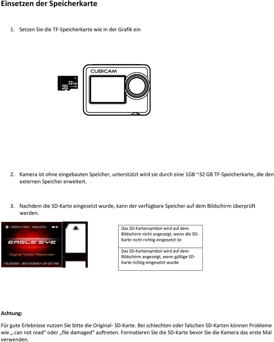 Nachdem die SD-Karte eingesetzt wurde, kann der verfügbare Speicher auf dem Bildschirm überprüft werden.