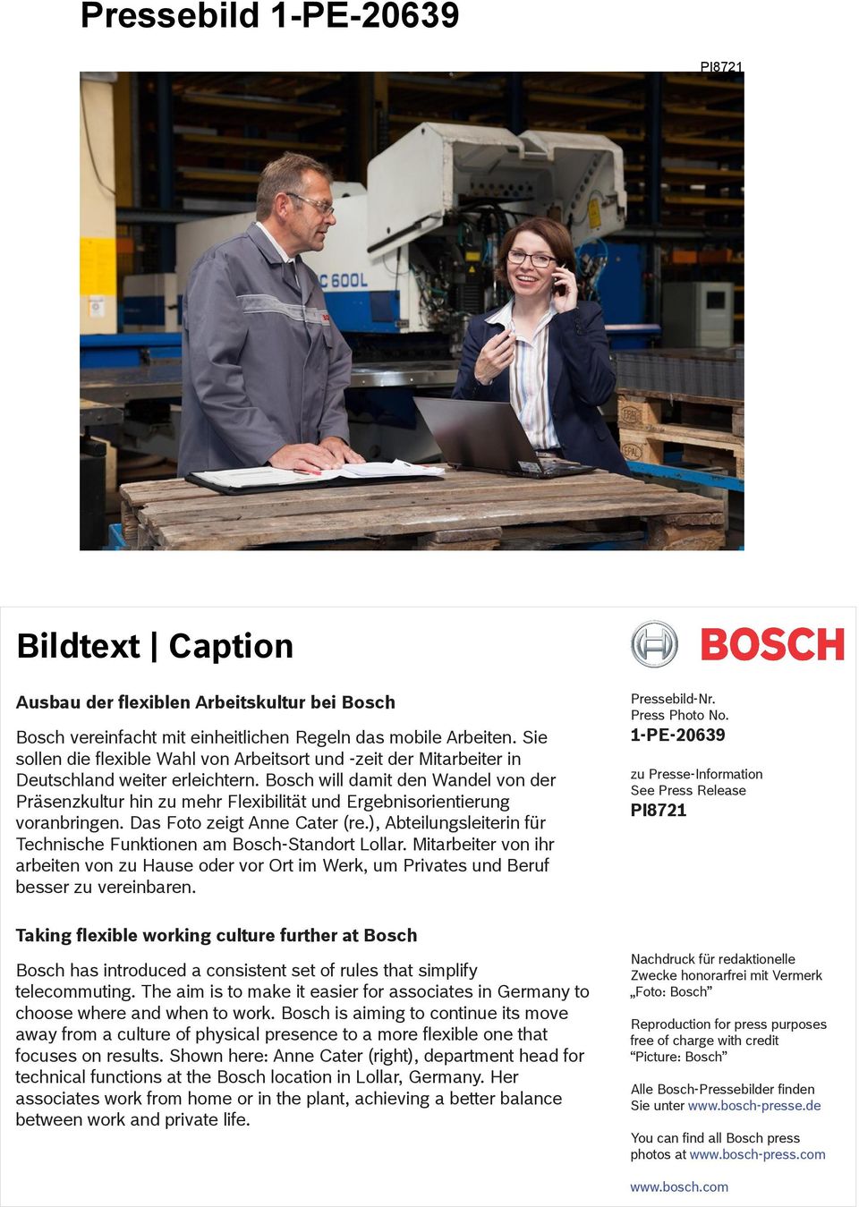 Bosch will damit den Wandel von der Präsenzkultur hin zu mehr Flexibilität und Ergebnisorientierung voranbringen. Das Foto zeigt Anne Cater (re.